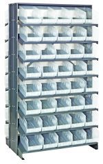 The Quantum Pick Rack is a double-sided, sloped organizer with 16 shelves and 80 Qsb202 clear bins. Measuring 24L x 36W x 63-1/2H, it efficiently holds small items and has an 800 lb capacity.