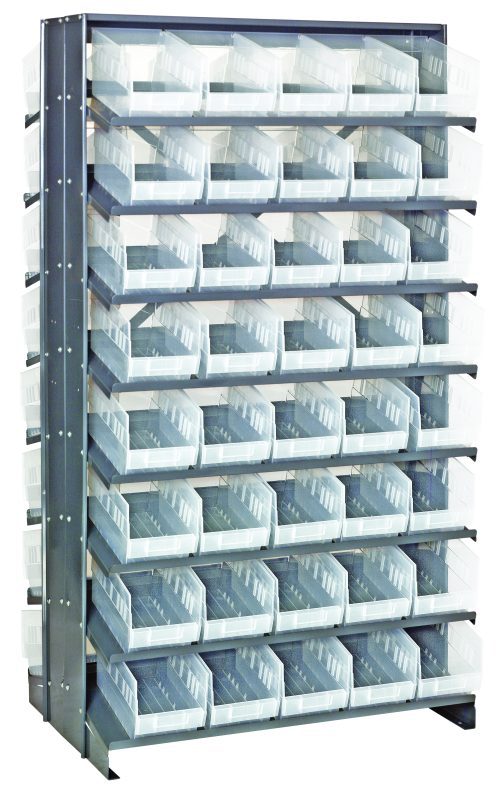 The Quantum Pick Rack is a double-sided, sloped organizer with 16 shelves and 80 Qsb202 clear bins. Measuring 24L x 36W x 63-1/2H, it efficiently holds small items and has an 800 lb capacity.