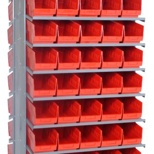 The Quantum Pick Rack is a slopped, double-sided, 24L x 36W x 63-1/2H unit with a capacity of 800 lbs. It features 16 shelves and includes 80 Qsb202 red bins. Ideal for organizing small items or tools, its free-standing design allows easy access with open-top bins.
