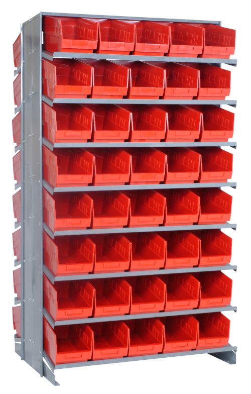 The Quantum Pick Rack is a slopped, double-sided, 24L x 36W x 63-1/2H unit with a capacity of 800 lbs. It features 16 shelves and includes 80 Qsb202 red bins. Ideal for organizing small items or tools, its free-standing design allows easy access with open-top bins.
