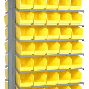 The Quantum Pick Rack is a freestanding, double-sided, sloped system with an 800 lbs. capacity. It measures 24L x 36W x 63-1/2H and includes 16 shelves holding 80 QSB202 yellow bins, ideal for organizing small parts or hardware against a white background.