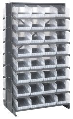 The Quantum Pick Rack, measuring 24L x 36W x 63-1/2H, features a double-sided, sloped design with 16 shelves and includes 64 transparent Qsb207 clear bins. Its perfect for organizing small parts or tools with open-front bins for easy access and has an 800 lbs. capacity.
