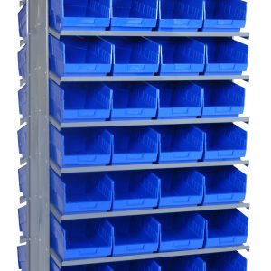 The Quantum Pick Rack is a tall metal shelving unit, measuring 24L x 36W x 63-1/2H, featuring a double-sided, sloped design with a 16-shelf configuration. It includes 64 open-fronted blue plastic bins (Qsb207) for efficient storage and easy access of small items in five columns. Capacity: 800 lbs.