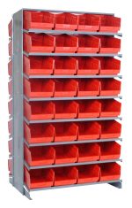 The Quantum Pick Rack is a double-sided, sloped shelving unit measuring 24L x 36W x 63-1/2H with an 800 lbs. capacity and (16) shelves configuration. It features (64) QSB207 red bins for organizing tools or small items, all with open fronts for easy access.