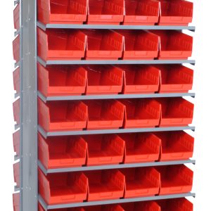 The Quantum Pick Rack is a double-sided, sloped shelving unit measuring 24L x 36W x 63-1/2H with an 800 lbs. capacity and (16) shelves configuration. It features (64) QSB207 red bins for organizing tools or small items, all with open fronts for easy access.