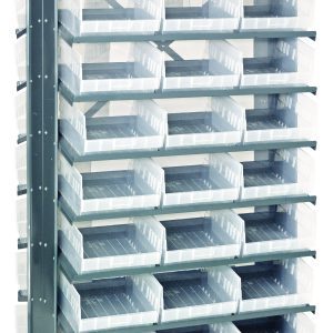 The Quantum Pick Rack is a sloped, double-sided shelving unit measuring 24L x 36W x 63.5H, featuring 16 shelves with an impressive capacity of 800 lbs per side. It includes 48 QSB207 clear bins for organized storage.