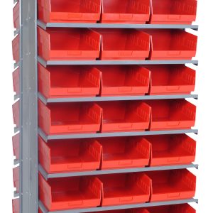 The Quantum Pick Rack is a double-sided storage solution measuring 24L x 36W x 63-1/2H with a capacity of up to 800 lbs. It features 16 shelves and includes 48 open-top Qsb207 red bins, ideal for organizing small items or tools in neat rows.