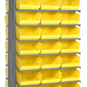 The Quantum Pick Rack features a sloped, double-sided metal frame with dimensions of 24L x 36W x 63-1/2H, an 800 lbs. capacity, and includes 16 shelves that hold 48 Qsb207 yellow plastic bins for efficient small item organization and easy access.