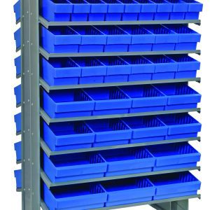 The Quantum Pick Rack features a sloped, double-sided design with 16 shelves, filled with QED501, QED601, QED701, and QED801 blue bins. Each bin offers sections for organizing items. This sturdy unit measures 24L x 36W x 60H and stands on a metal base with an impressive 800 lbs. capacity.