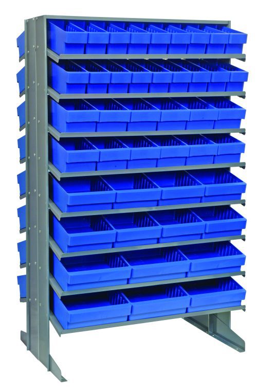 The Quantum Pick Rack features a sloped, double-sided design with 16 shelves, filled with QED501, QED601, QED701, and QED801 blue bins. Each bin offers sections for organizing items. This sturdy unit measures 24L x 36W x 60H and stands on a metal base with an impressive 800 lbs. capacity.