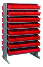 The Quantum Pick Rack is a slopped, double-sided unit measuring 24L x 36W x 60H with an 800 lbs. capacity. It features a 16-shelf configuration and includes red bins: 36 Qed501, 24 Qed601, 16 Qed701, and 12 Qed801 for efficient organization.