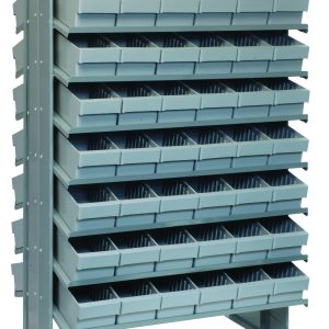 The Quantum Pick Rack, a double-sided storage unit measuring 24L x 36W x 60H, supports up to 800 lbs. It features 16 sloped shelves and comes with 96 removable Qed601 gray bins for easy access, ideal for efficient organization of small parts or supplies.