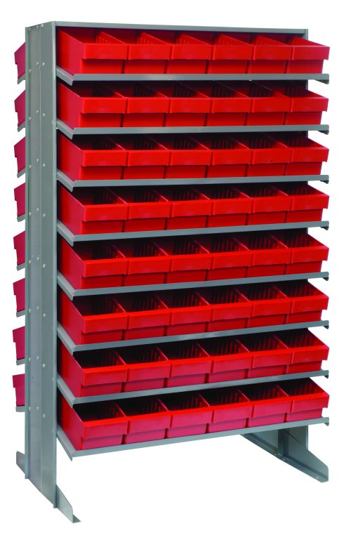 The Quantum Pick Rack is a tall, gray, double-sided shelving unit with a slope design. Measuring 24L x 36W x 60H and featuring a (16) shelves configuration, it includes (96) QED601 red bins. With an 800 lbs. capacity, its ideal for organizing small parts or supplies on any flat surface.