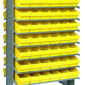 The Quantum Pick Rack, a freestanding metal shelving unit with a slopped, double-sided design, features 16 shelves and holds up to 800 lbs. It includes 96 QED601 yellow bins for organized storage. Measuring 24L x 36W x 60H, its ideal for keeping small items neatly arranged.