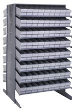 The Quantum Pick Rack, a double-sided metal storage unit, offers an 800 lbs. capacity with 16 shelves holding 144 Qed604 gray bins. Its sleek design and industrial appeal fit neatly in a compact 36L x 36W x 60H frame, perfect for organizing small items efficiently.