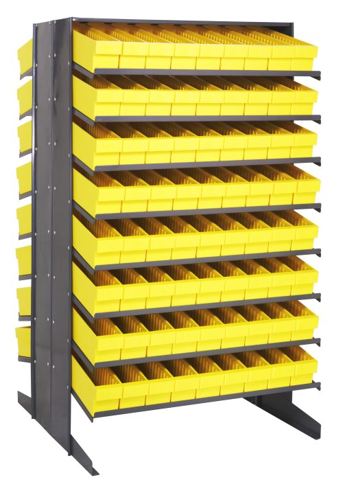 QPRS 18-QED604 Yellow The Quantum Pick Rack is a large, gray metal shelving unit with a sloped, double-sided design measuring 36L x 36W x 60H. It features a sturdy base, holds up to 800 lbs., and includes (16) shelves with (144) bright yellow QED604 bins for efficient storage and organization.