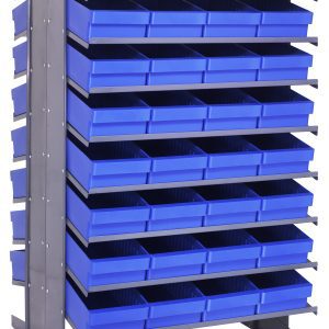 The Quantum Pick Rack, with a sloped double-sided design and 16-shelf configuration, measures 36L x 36W x 60H. It holds up to 800 lbs and includes 64 open-top Qed606 blue bins for organizing small items easily.