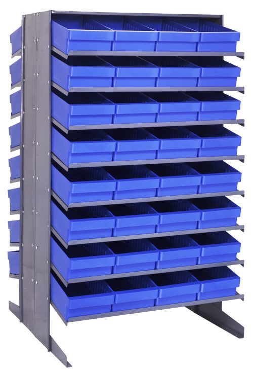 The Quantum Pick Rack, with a sloped double-sided design and 16-shelf configuration, measures 36L x 36W x 60H. It holds up to 800 lbs and includes 64 open-top Qed606 blue bins for organizing small items easily.