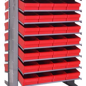 The Quantum Pick Rack is a double-sided, sloped shelving unit measuring 36L x 36W x 60H with an 800 lbs capacity. It features 16 shelves and includes 64 Qed606 red bins for organizing small parts or tools, contrasting vibrantly against its metallic frame for functional storage.