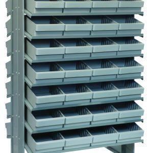 The Quantum Pick Rack is a double-sided, gray metal shelving unit designed for storage with an 800 lbs. capacity. It measures 24L x 36W x 60H, featuring 16 sloped shelves with dividers and including 64 QED701 gray bins for efficient organization and easy access to contents.