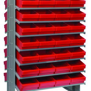 The Quantum Pick Rack is a double-sided, sloped organizer with a 24L x 36W x 60H design, offering easy accessibility. It features 16 shelves and holds 64 Qed701 red bins for efficient organization, with an impressive capacity of up to 800 lbs.