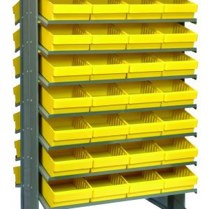 The Quantum Pick Rack is a double-sided, freestanding shelving unit measuring 24L x 36W x 60H, featuring a robust metallic frame with an 800 lbs. capacity. It includes 16 shelves and comes with 64 Qed701 yellow plastic bins for efficient small item organization.