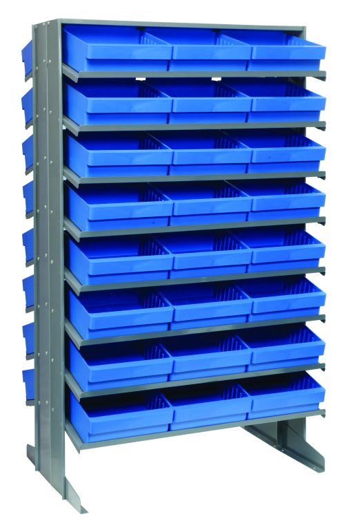 The Quantum Pick Rack is a freestanding, double-sided unit with sloped shelves. It measures 24L x 36W x 60H and holds up to 800 lbs. The rack includes 16 shelves and comes with neatly arranged (48) QED801 blue bins for organized storage.