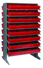 The Quantum Pick Rack features a double-sided, sloped design with 16 shelves and includes 48 red QED801 bins. Measuring 24L x 36W x 60H, its sturdy construction and durable legs support up to 800 lbs., ideal for organizing and storing various items.