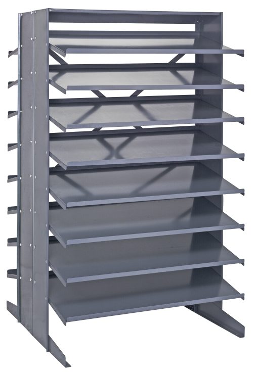 QPRS 18 The Quantum Pick Rack is a sloped, double-sided metal shelving unit measuring 36L x 36W x 60H. With an 800 lbs. capacity and a configuration of 16 shelves, its ideal for organizing tools in workshops or garages, providing both accessibility and durability (bins not included).