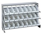 The Quantum Pick Rack is a bench-style storage rack with a 3-shelf configuration and dimensions of 12-1/2L x 36W x 23H. It holds 24 QSB101 clear bins, each sloped for easy access, and supports up to 250 lbs.