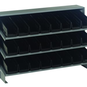 The Quantum Pick Rack is a bench-style, sloped storage unit with a 250 lbs. capacity, featuring three shelves and including 24 QSB101 black bins. It measures 12-1/2L x 36W x 23H and offers an industrial design ideal for organizing small items in workshops or garages.