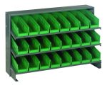 The Quantum Pick Rack is a bench-style, sloped shelving unit with three shelves holding 24 QSB101 green bins, each with a capacity of 250 lbs. The open-front design allows easy access for organizing small items in workshops or garages. Dimensions: 12-1/2L x 36W x 23H.