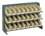 The Quantum Pick Rack is a bench-style unit with dimensions of 12-1/2L x 36W x 23H, featuring three shelves and includes sloped display for easy access to its 24 QSB101 ivory bins, perfect for storage and organization needs.