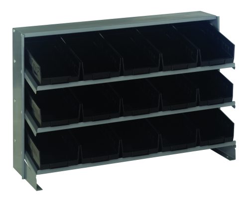 Introducing the Quantum Pick Rack, a metal storage solution with a sloped, bench-style design featuring three shelves and 15 black Qsb102 bins with open fronts. Perfect for organizing small parts or tools efficiently, this rack measures 12-1/2L x 36W x 23H and has a 250 lbs. capacity.
