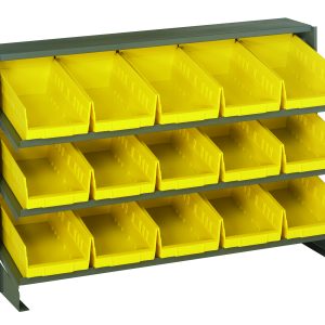 The Quantum Pick Rack features a bench-style setup with three shelves and 15 QSB102 yellow bins. Its sloped open fronts allow easy access, and it holds up to 250 lbs. The design pops against a plain white backdrop, measuring 12-1/2L x 36W x 23H.