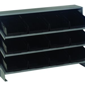 The Quantum Pick Rack features slopped, bench-style shelving with a 12-1/2L x 36W x 23H configuration. It has three shelves supporting up to 250 lbs and includes (12) QSB107 black bins for organizing small items.