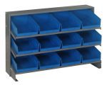 The Quantum Pick Rack features a sloped, bench-style design with a three-shelf configuration. Each shelf holds four QSB107 blue bins, open at the top and front for easy access. Set against a white backdrop, it combines practicality with visual appeal and has a 250 lbs capacity.