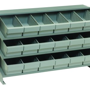 The Quantum Pick Rack is a sloped, gray, bench-style organizer featuring a three-shelf configuration with 18 Qed601 bins. Measuring 12-1/2L x 36W x 23H and supporting up to 250 lbs., it efficiently arranges small items with easy-access open-top bins in three rows of six.