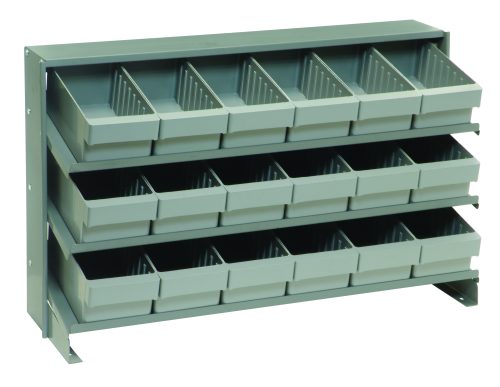 The Quantum Pick Rack is a sloped, gray, bench-style organizer featuring a three-shelf configuration with 18 Qed601 bins. Measuring 12-1/2L x 36W x 23H and supporting up to 250 lbs., it efficiently arranges small items with easy-access open-top bins in three rows of six.