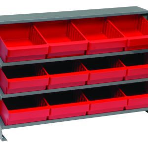The Quantum Pick Rack features a 3-shelf, bench-style metal design with a sloped configuration and includes twelve top-open, evenly spaced Qed701 red bins. It measures 12-1/2L x 36W x 23H, supports up to 250 lbs., and is perfect for organizing small items or tools with an industrial appeal.