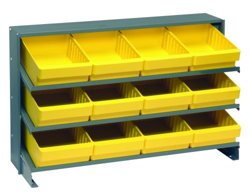 The Quantum Pick Rack is a bench-style metal storage solution, measuring 12-1/2L x 36W x 23H with three sloped shelves. It holds twelve Qed701 yellow bins for small item organization with a robust 250 lbs. capacity, perfect for maintaining an efficient and industrial look.