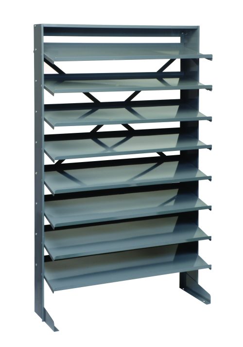 The Quantum Pick Rack is a sloped, single-sided metal shelving unit with eight adjustable shelves, ideal for sorting or organizing. Its sturdy steel frame supports up to 400 lbs., measuring 12D x 36W x 60H, perfect for industrial or office settings. Bins not included.
