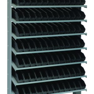 The Quantum Pick Rack is a single-sided, slopped shelving unit made of galvanized steel, measuring 12D x 36W x 60H. It has a 400 lbs. capacity with eight shelves and includes open-front access to 96 QSB100 black bins for organized storage.