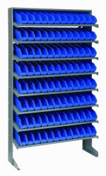 The Quantum Pick Rack is a single-sided shelving unit made of galvanized steel, measuring 12D x 36W x 60H. It features eight sloped shelves with a total of 96 QSB100 blue bins and supports up to 400 lbs., ideal for organizing small items or tools.