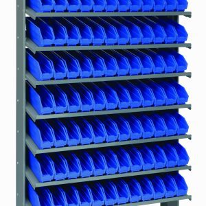 The Quantum Pick Rack is a single-sided shelving unit made of galvanized steel, measuring 12D x 36W x 60H. It features eight sloped shelves with a total of 96 QSB100 blue bins and supports up to 400 lbs., ideal for organizing small items or tools.