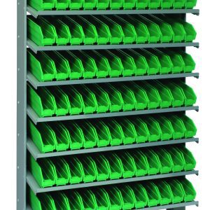 The Quantum Pick Rack is a single-sided, sloped metal storage unit measuring 12D x 36W x 60H with a capacity of 400 lbs. It features eight shelves and comes with 96 green QSB100 plastic bins, ideal for organizing small parts or tools. The freestanding rack is made of galvanized steel for an industrial look.