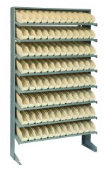 The Quantum Pick Rack is a single-sided, sloped shelving unit made of galvanized steel with dimensions of 12D x 36W x 60H and a 400 lbs. capacity. It includes eight shelves with 96 ivory QSB100 open-front bins for easy access, uniformly aligned across the shelves.
