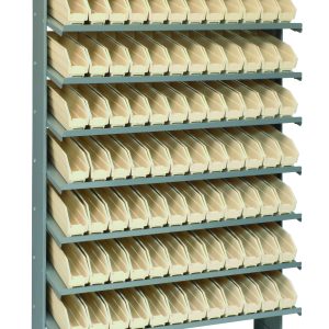 The Quantum Pick Rack is a single-sided, sloped shelving unit made of galvanized steel with dimensions of 12D x 36W x 60H and a 400 lbs. capacity. It includes eight shelves with 96 ivory QSB100 open-front bins for easy access, uniformly aligned across the shelves.