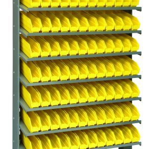 The Quantum Pick Rack is a single-sided, sloped shelving unit made of galvanized steel, measuring 12D x 36W x 60H. It features eight shelves with 96 QSB100 yellow bins and supports up to 400 lbs.
