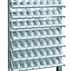 The Quantum Pick Rack is a single-sided unit, 12D x 36W x 60H with a 400 lb. capacity, featuring 8 shelves and includes 64 QSB101 clear bins. It is made of galvanized steel for stability and easy access, with bins arranged in pairs forming a tidy grid pattern.